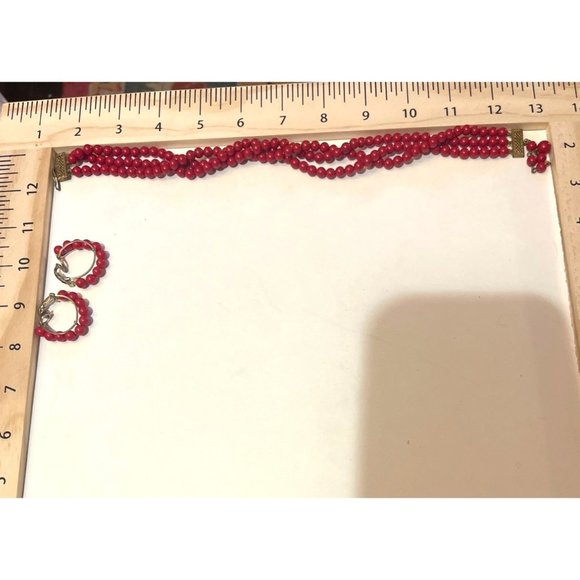 Vintage Red Beaded Three Strand Necklace and Hoop Earrings Clip-on Set HTF - Picture 3 of 7